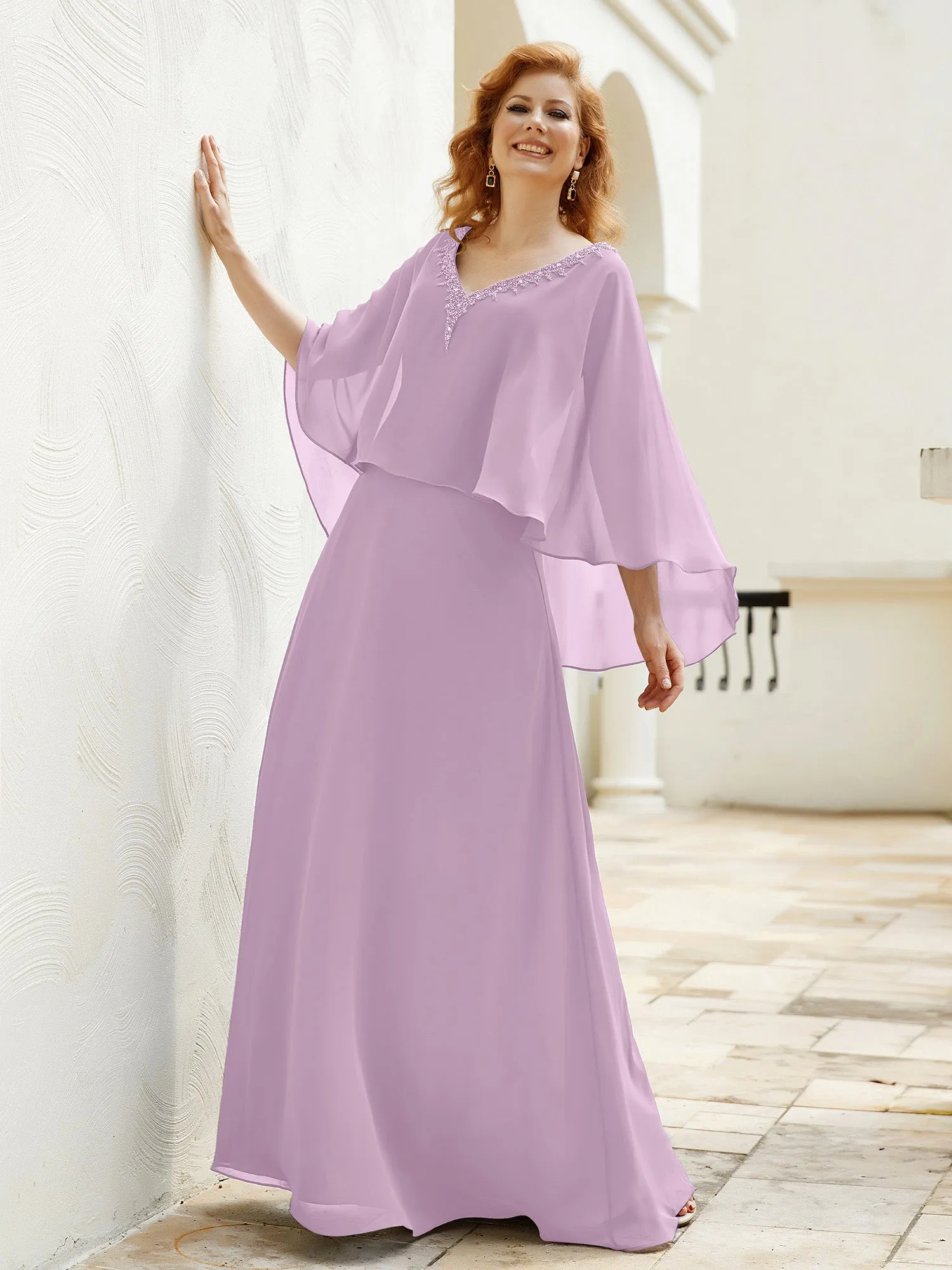 A-Line Flutter Cape Sleeves Dress with Beaded V-neck-Wisteria