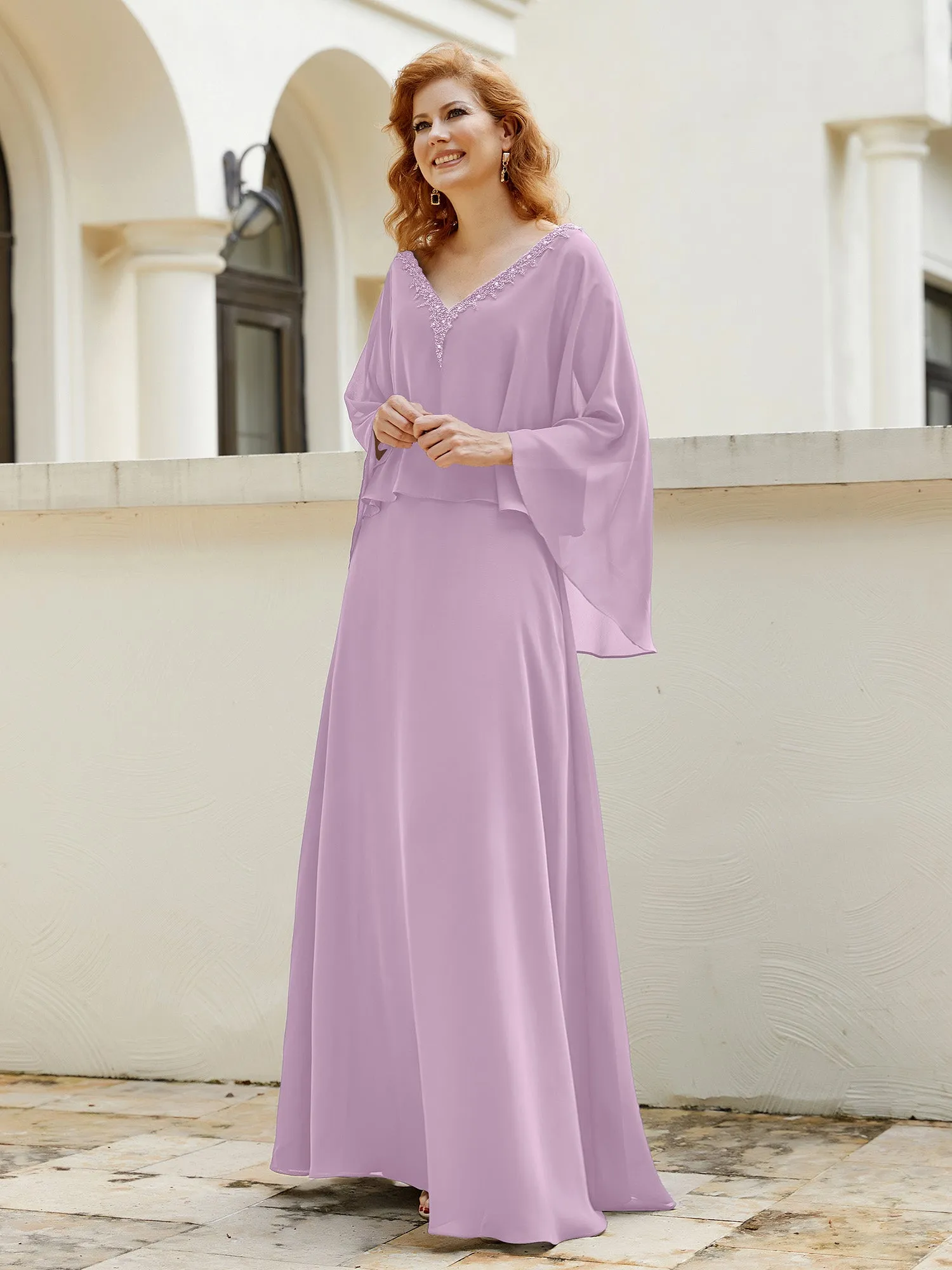 A-Line Flutter Cape Sleeves Dress with Beaded V-neck-Wisteria