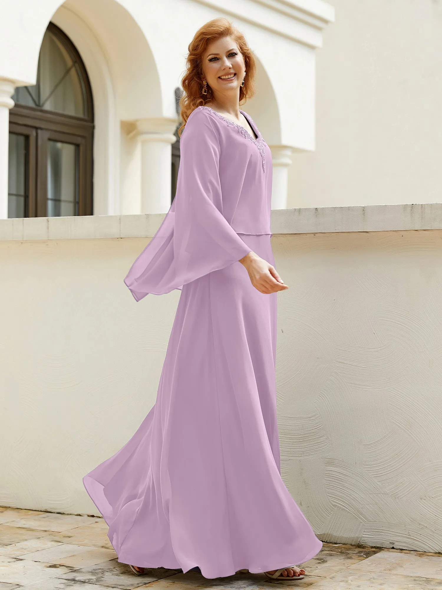 A-Line Flutter Cape Sleeves Dress with Beaded V-neck-Wisteria