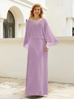 A-Line Flutter Cape Sleeves Dress with Beaded V-neck-Wisteria