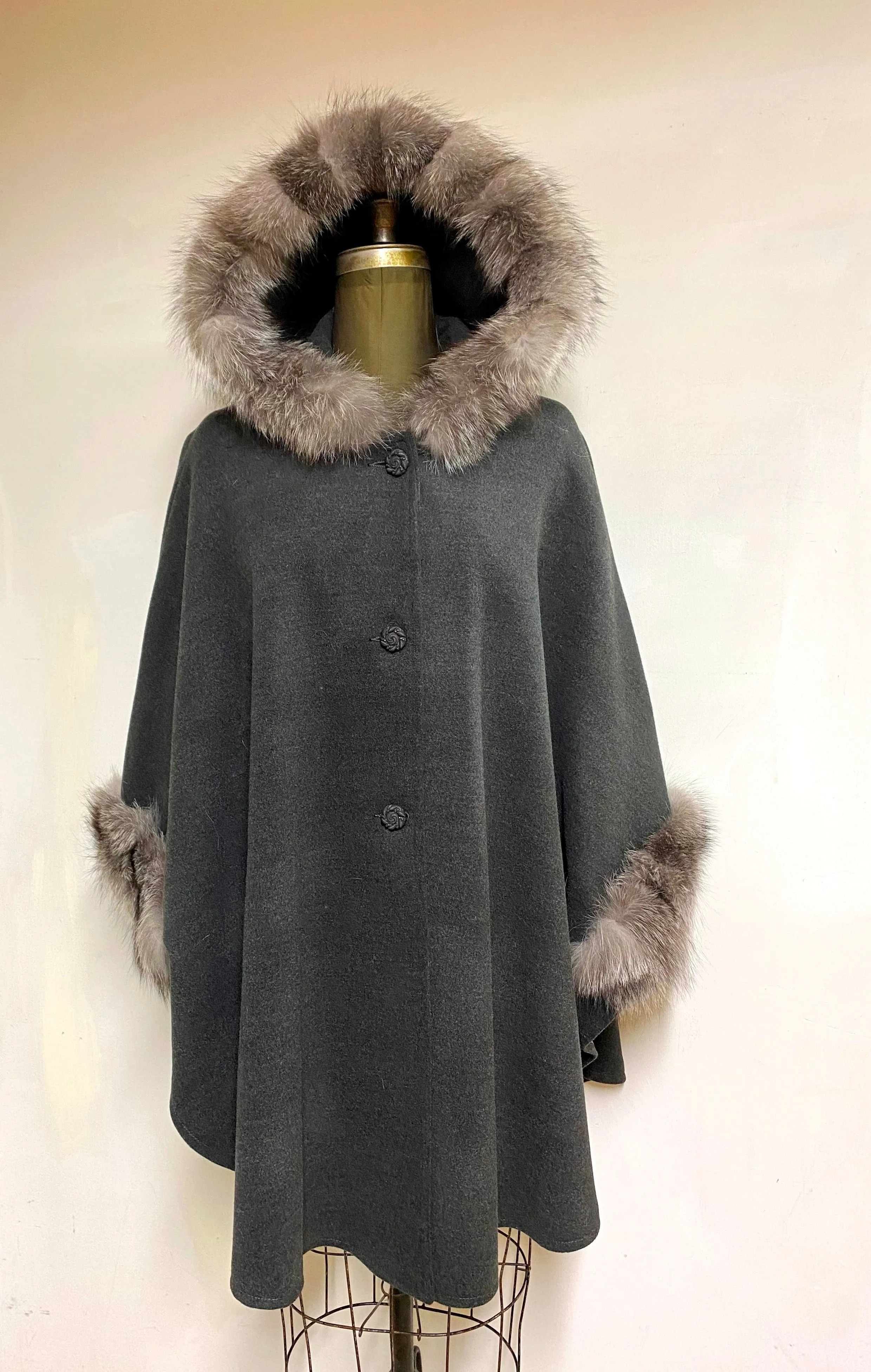 Adele Fur Hooded Cape - 23% Cashmere & Wool Blend - Genuine Fox Trim