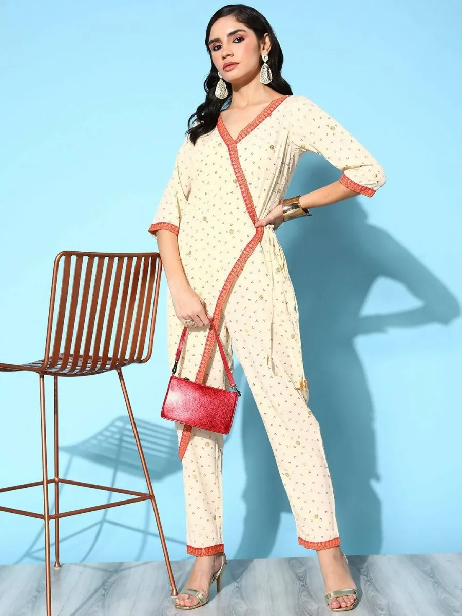 Ahalyaa Womens Offwhite Crepe Printed Jumpsuit