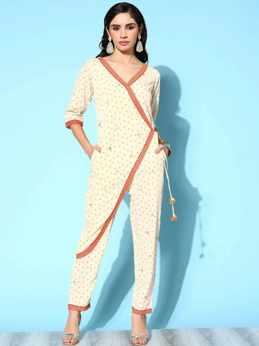 Ahalyaa Womens Offwhite Crepe Printed Jumpsuit