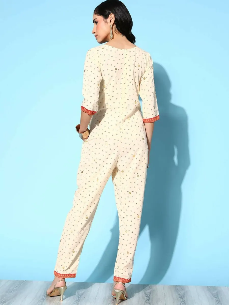 Ahalyaa Womens Offwhite Crepe Printed Jumpsuit
