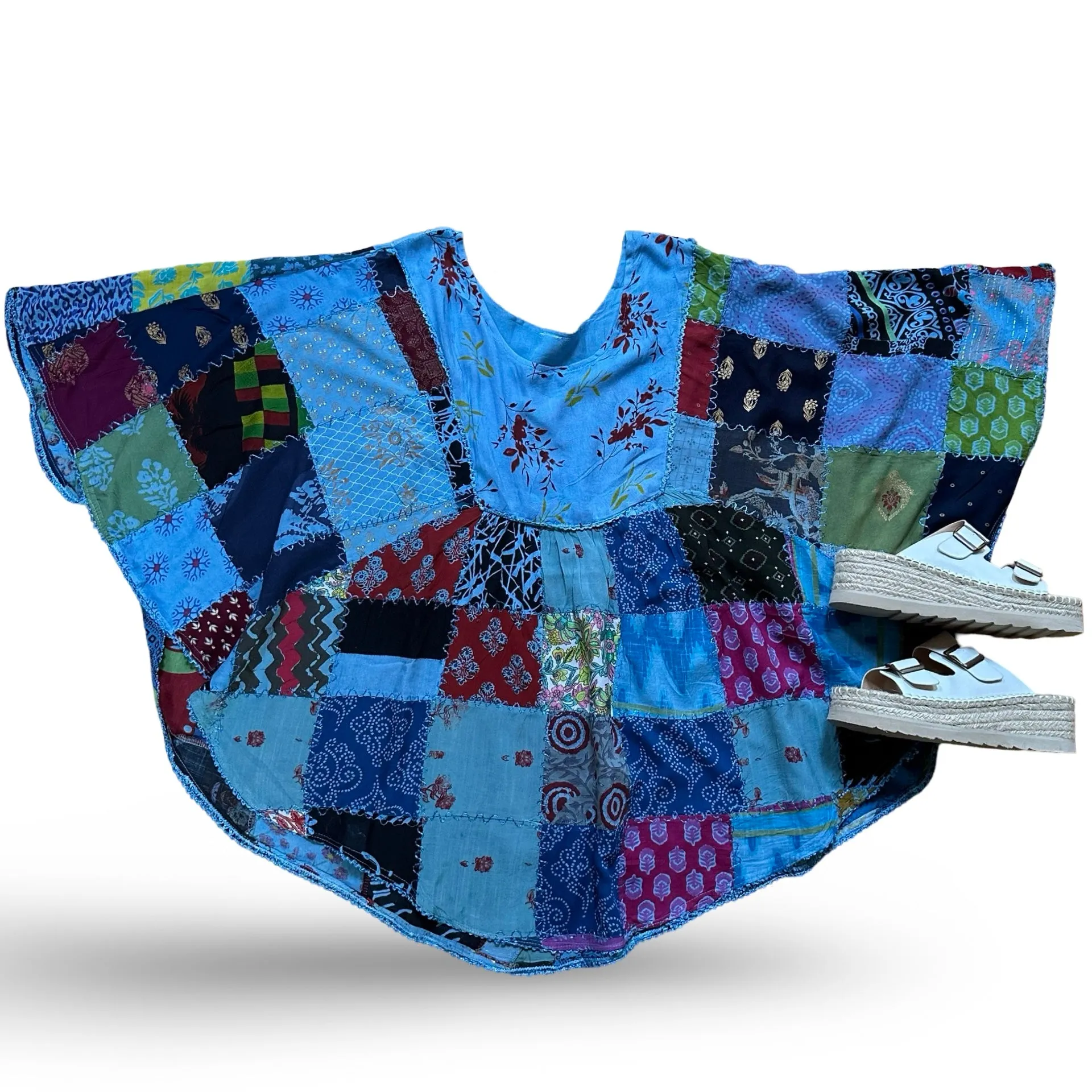Althea Recycled Patchwork Festival Top - Blue Summer Garden