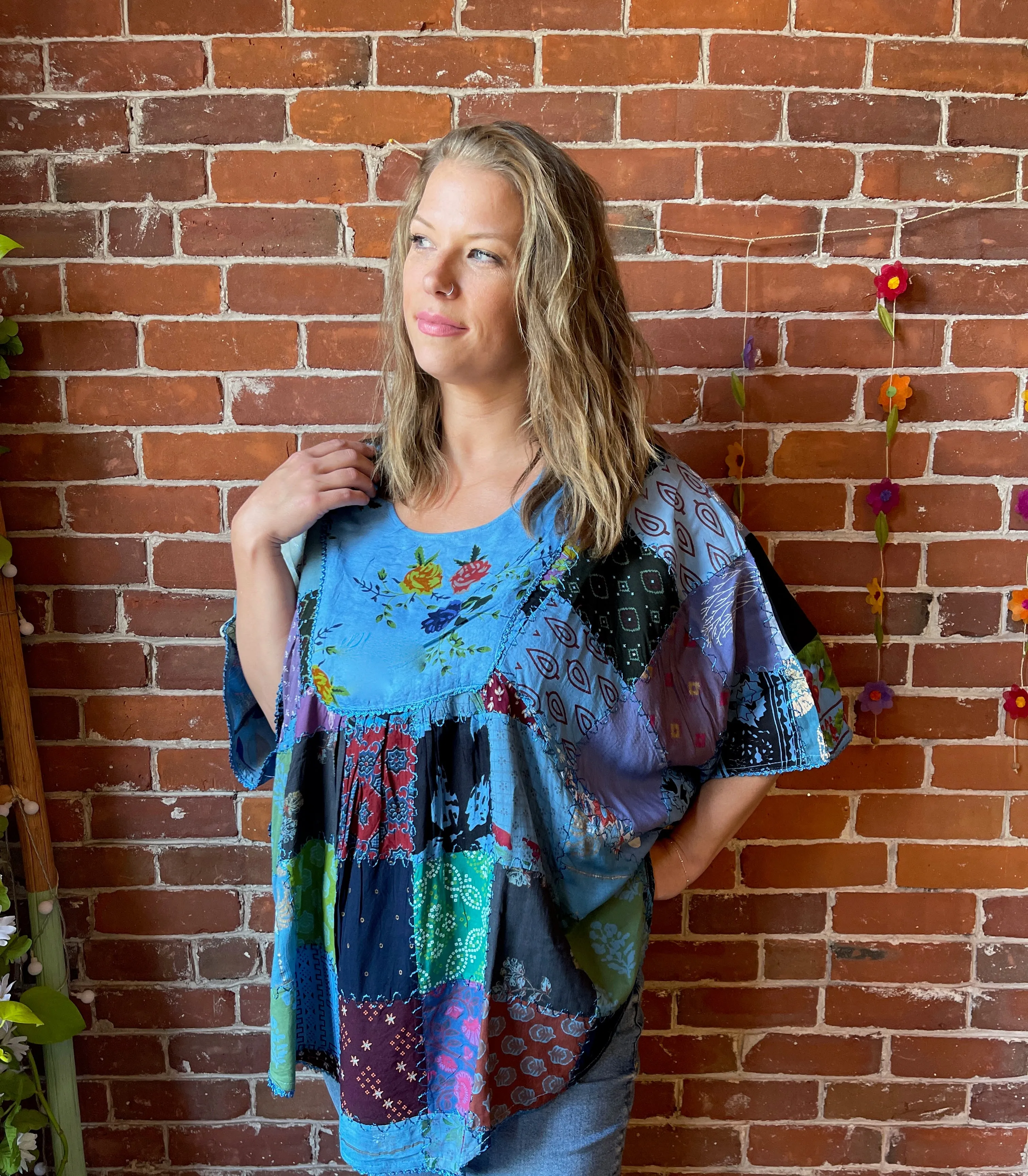 Althea Recycled Patchwork Festival Top - Blue Summer Garden