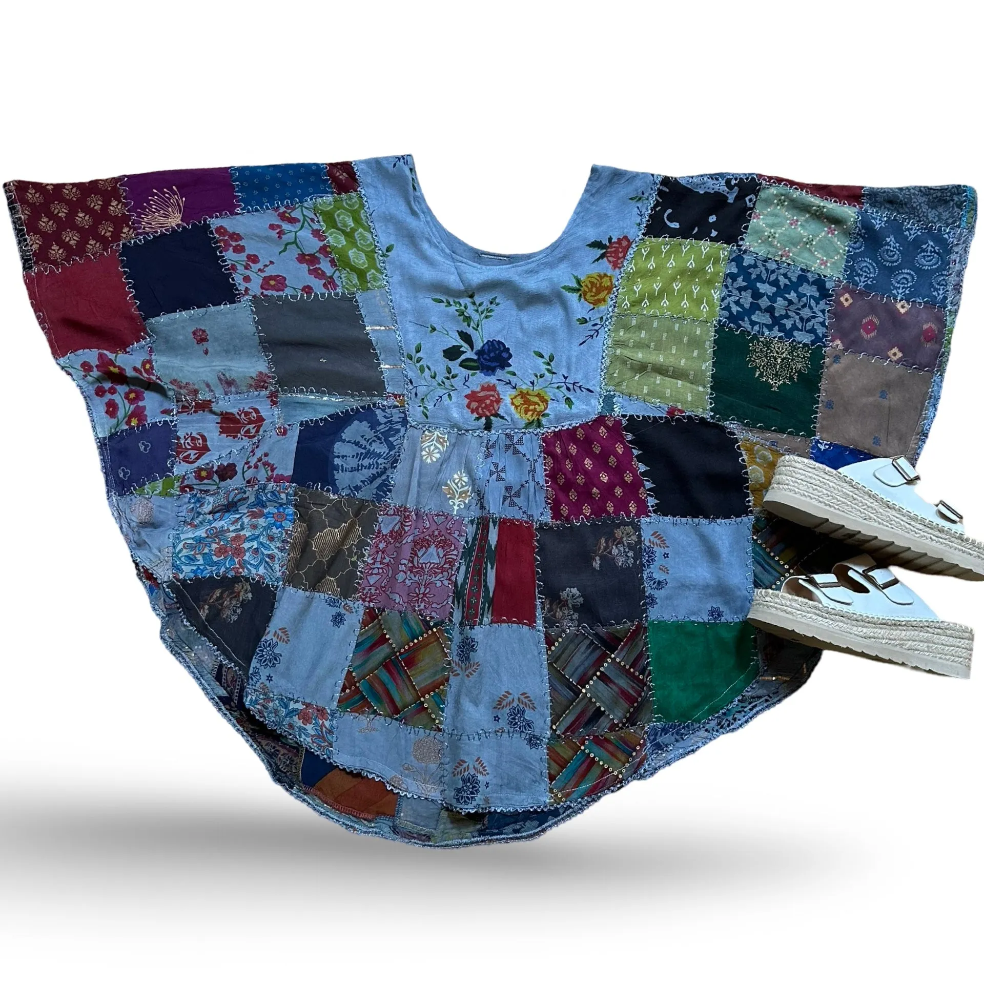 Althea Recycled Patchwork Festival Top - Dusty Blue Summer Garden