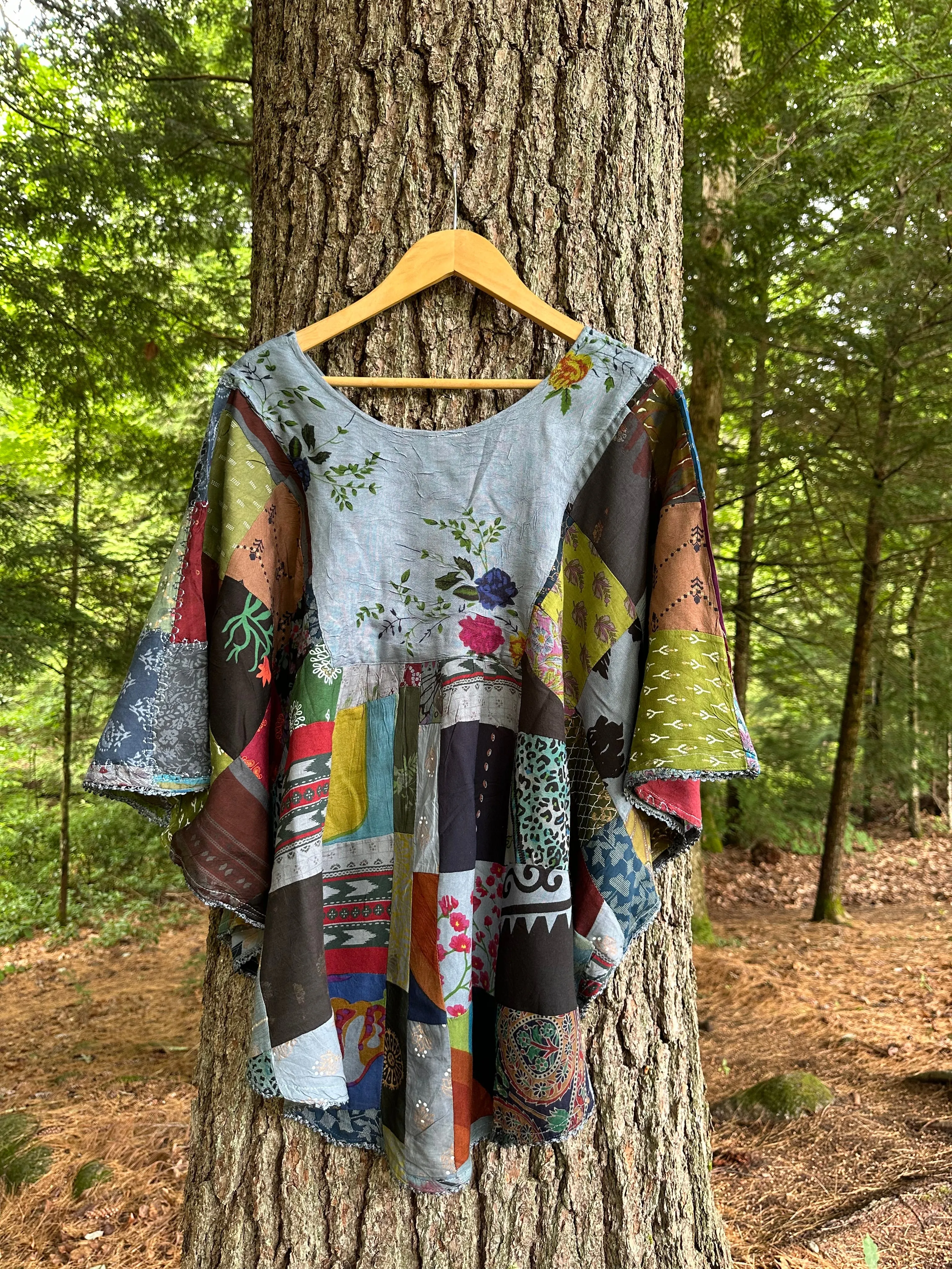 Althea Recycled Patchwork Festival Top - Dusty Blue Summer Garden