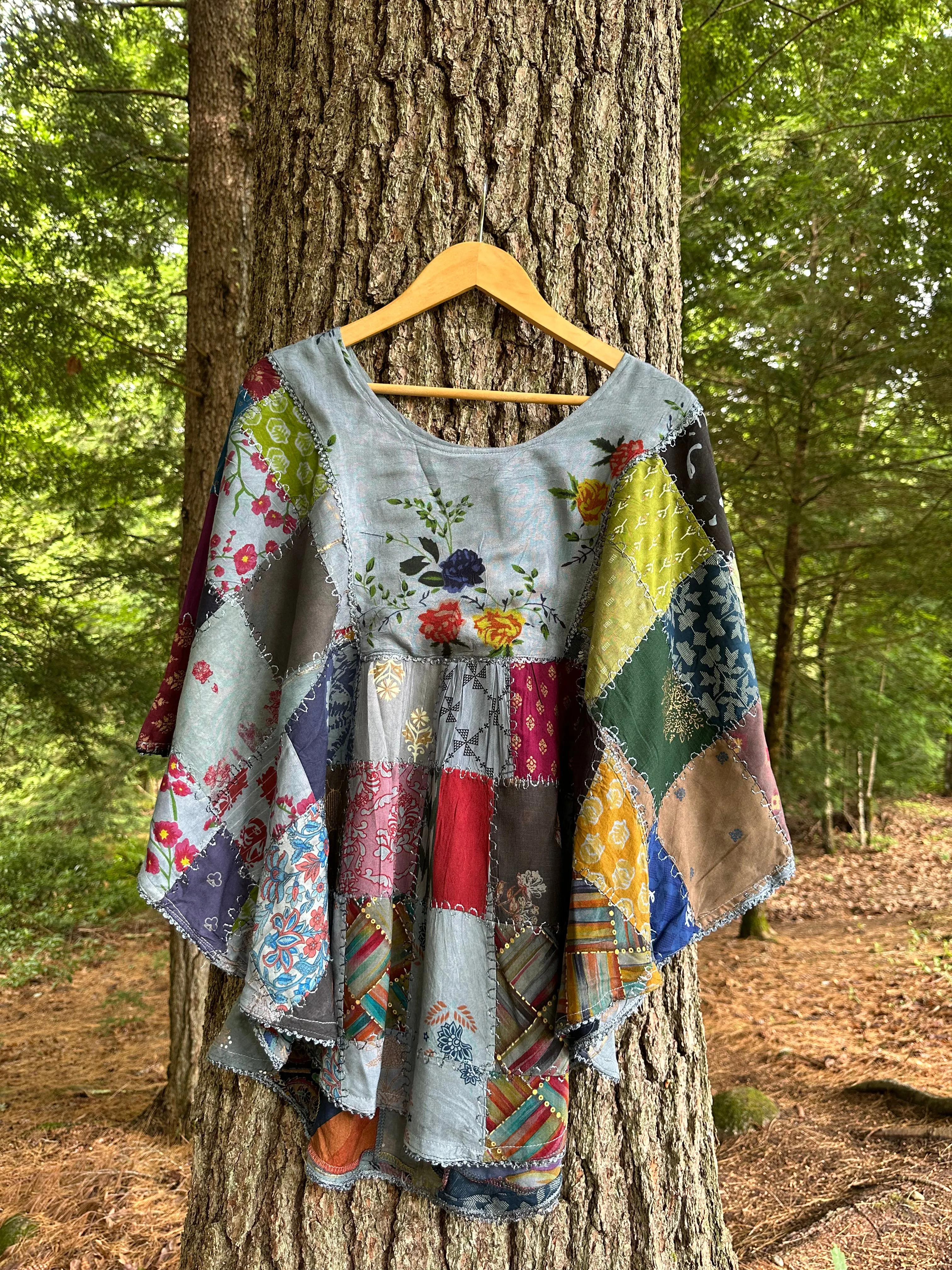 Althea Recycled Patchwork Festival Top - Dusty Blue Summer Garden