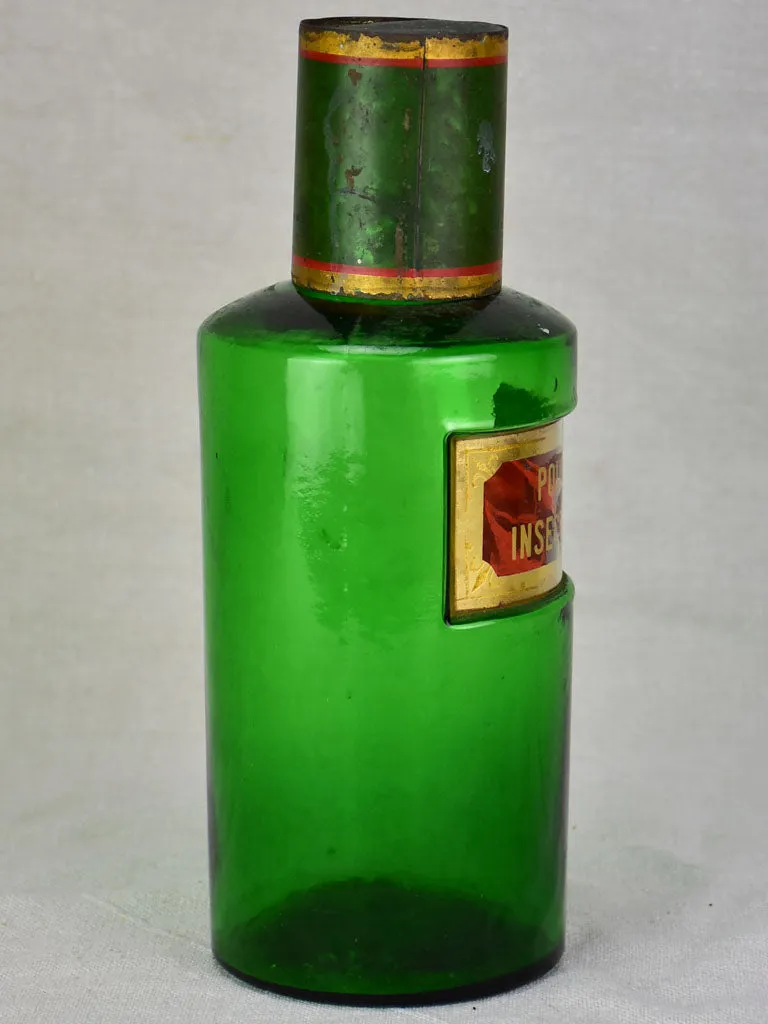 Antique French apothecary glass jar - green. Poudre Insecticide