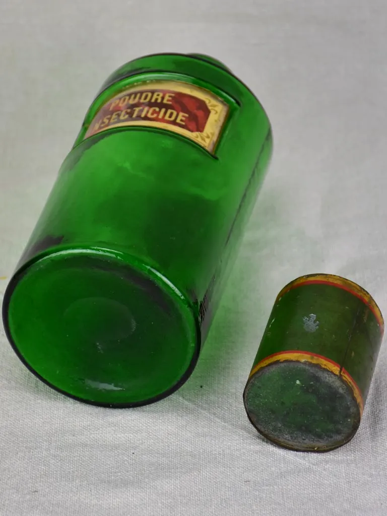 Antique French apothecary glass jar - green. Poudre Insecticide