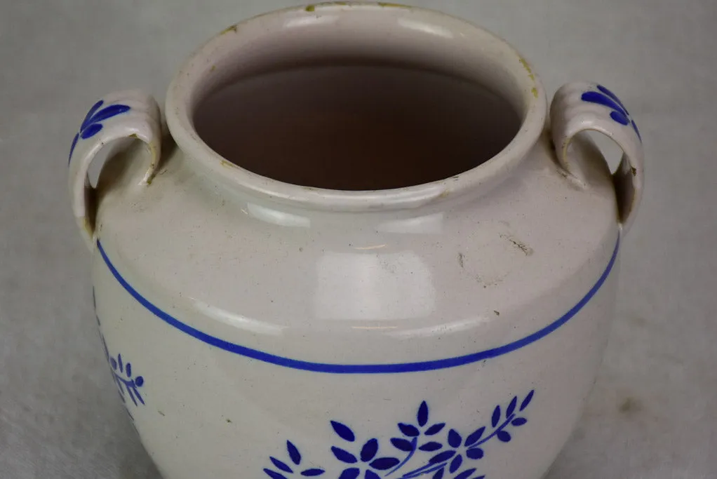 Antique French confit pot - white with blue flowers