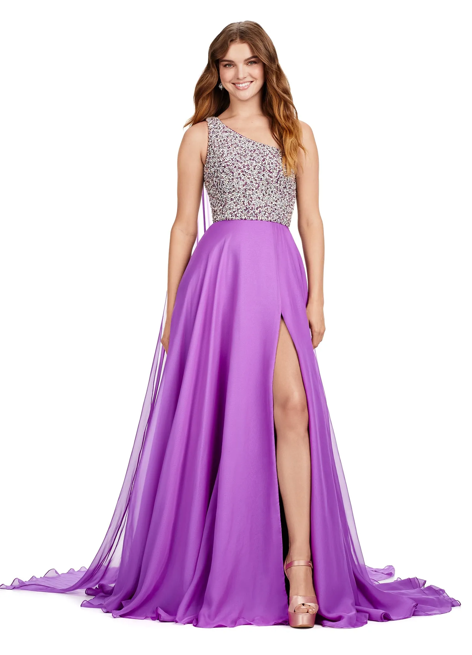 Ashley Lauren 11482 Long Prom Dress One Shoulder Chiffon Gown with Beaded Bustier Formal Pageant Gown