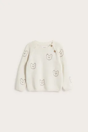 Baby beige knitted bear embroidered jumper