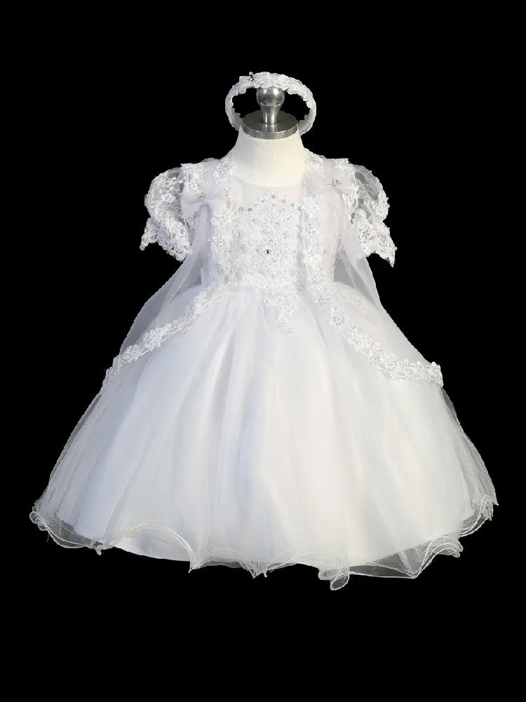 Baby Girls Puff Sleeve Lace Cape Baptism Dress 6-12M