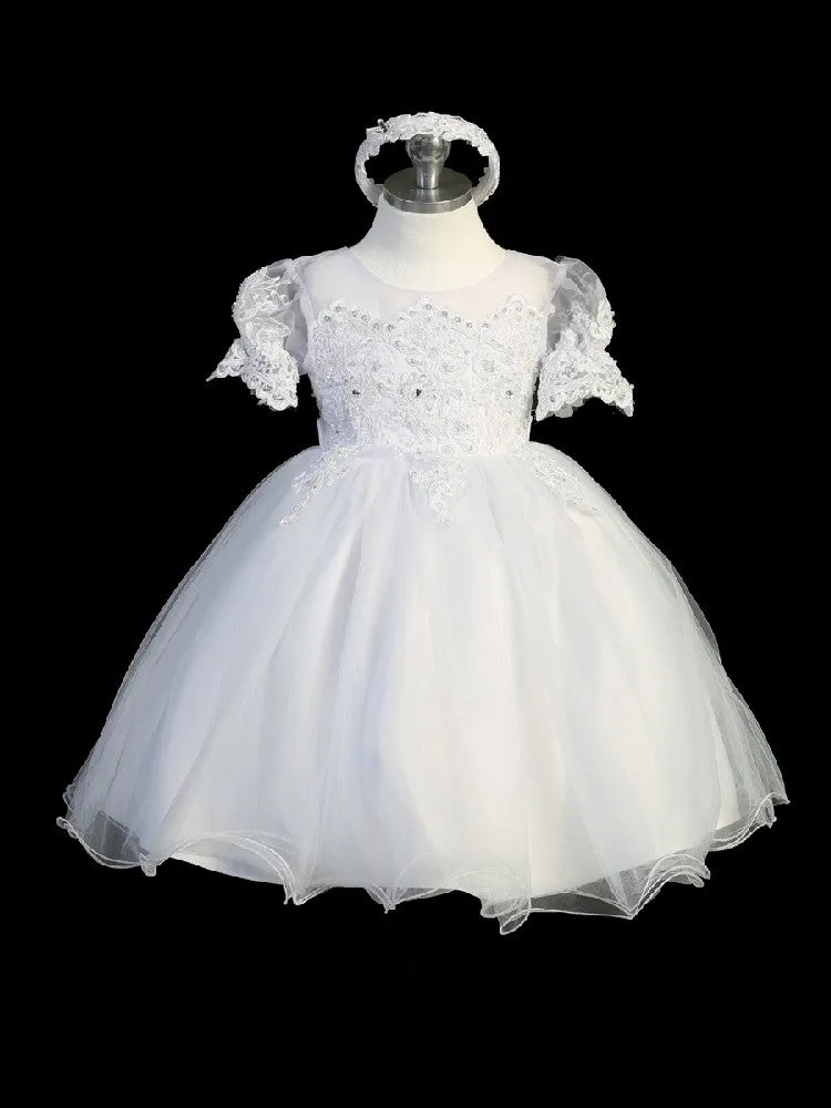 Baby Girls Puff Sleeve Lace Cape Baptism Dress 6-12M