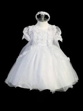 Baby Girls Puff Sleeve Lace Cape Baptism Dress 6-12M