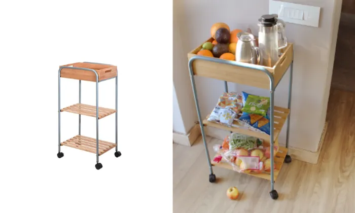 Bamboo Trolley On 4 Wheels With 2 Shelves And Removable Tray
