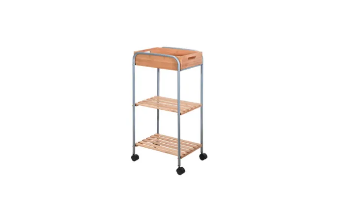Bamboo Trolley On 4 Wheels With 2 Shelves And Removable Tray