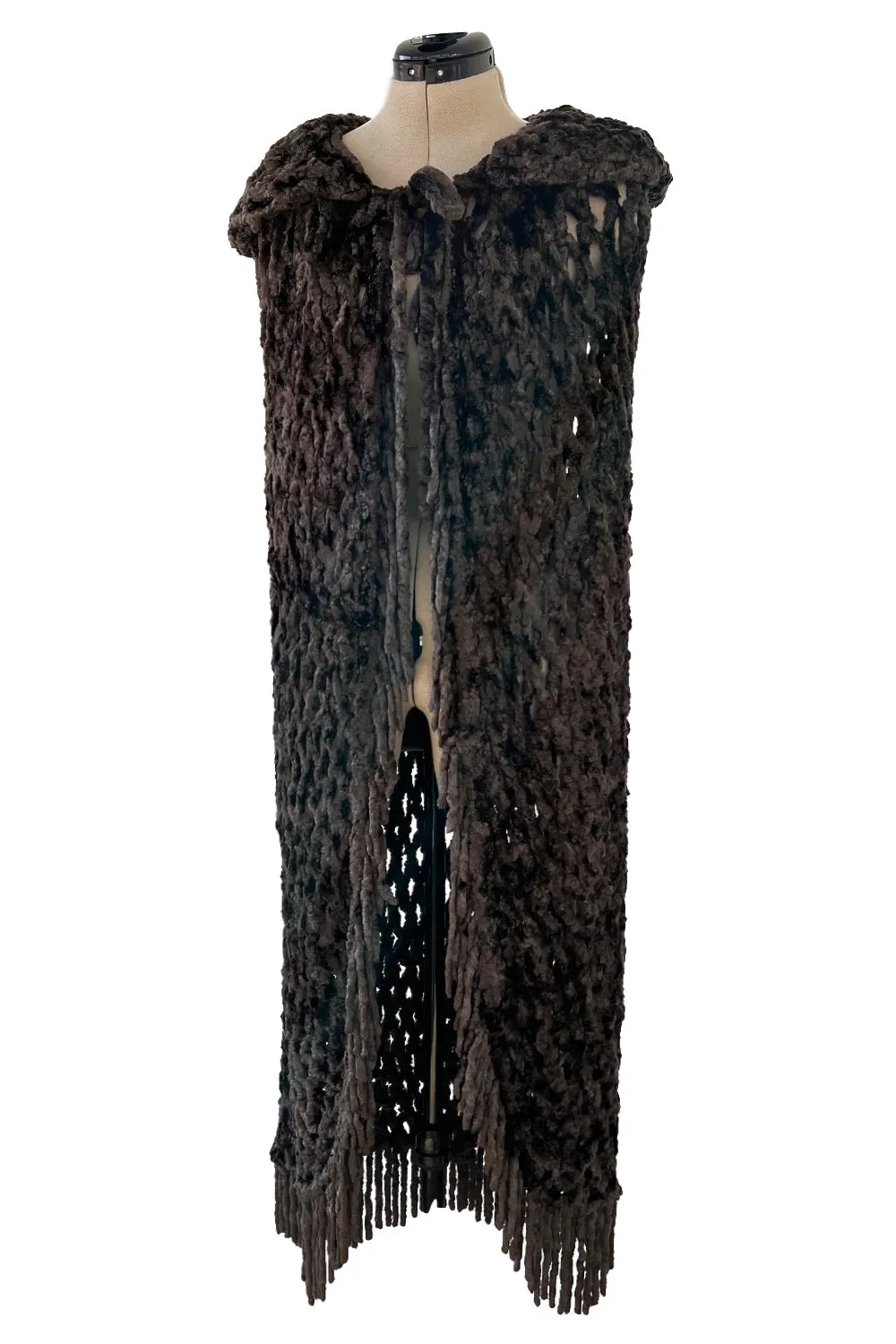 Beautiful Fall 1973 Yves Saint Laurent Soft Brown Fringed Chenille Knit Cape w Hood