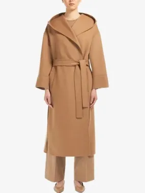 Belted Long Wool Coat with Hood in Camel