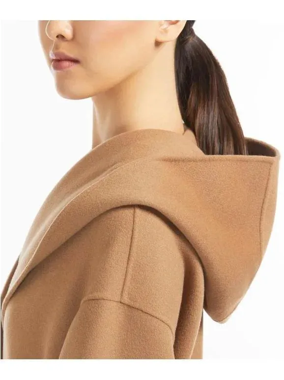 Belted Long Wool Coat with Hood in Camel