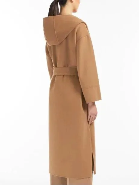 Belted Long Wool Coat with Hood in Camel