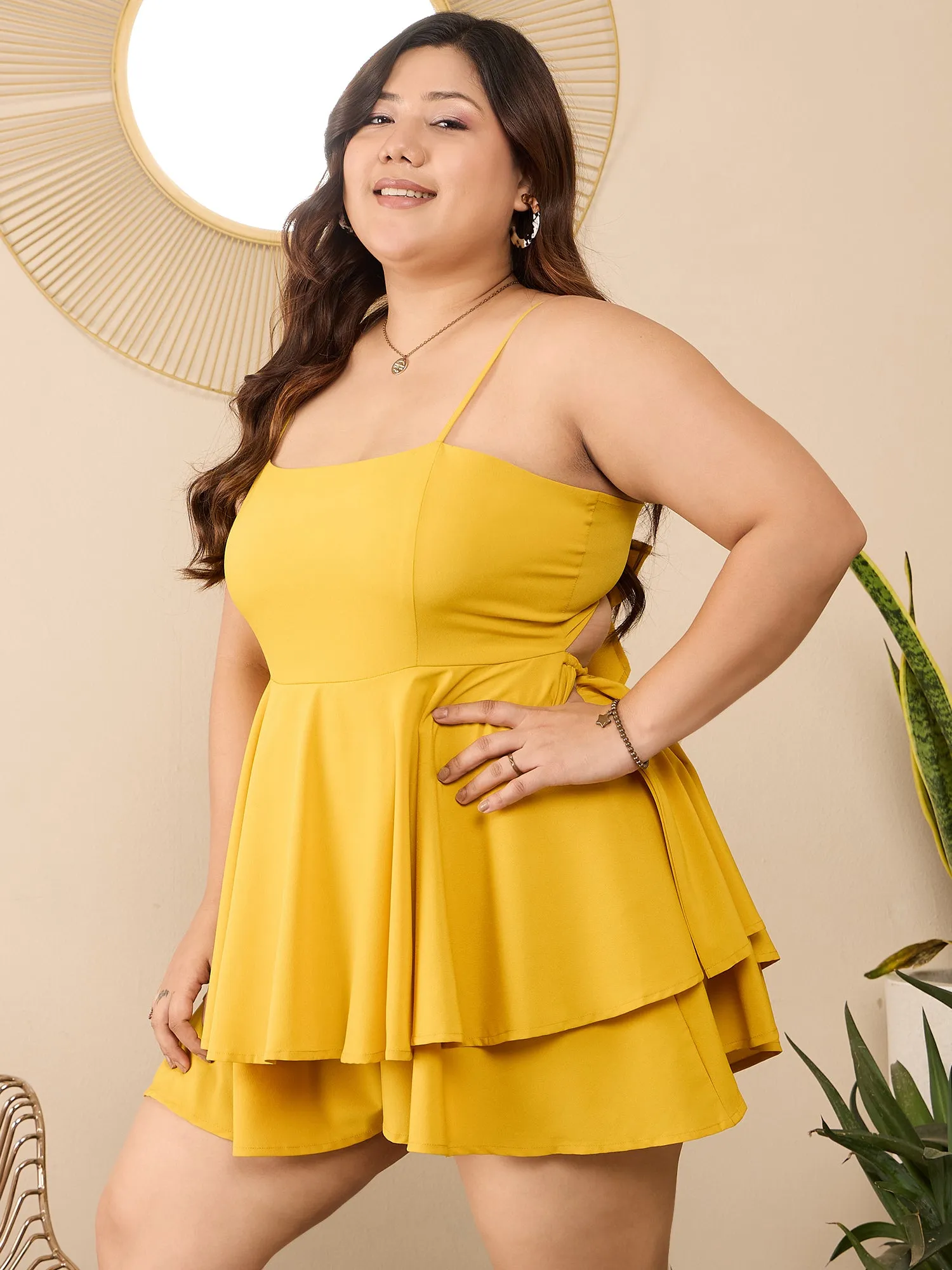 Berrylush Curve Women Solid Yellow Square Neck Sleeveless Back Cutout Tie-Up Layered Mini Jumpsuit