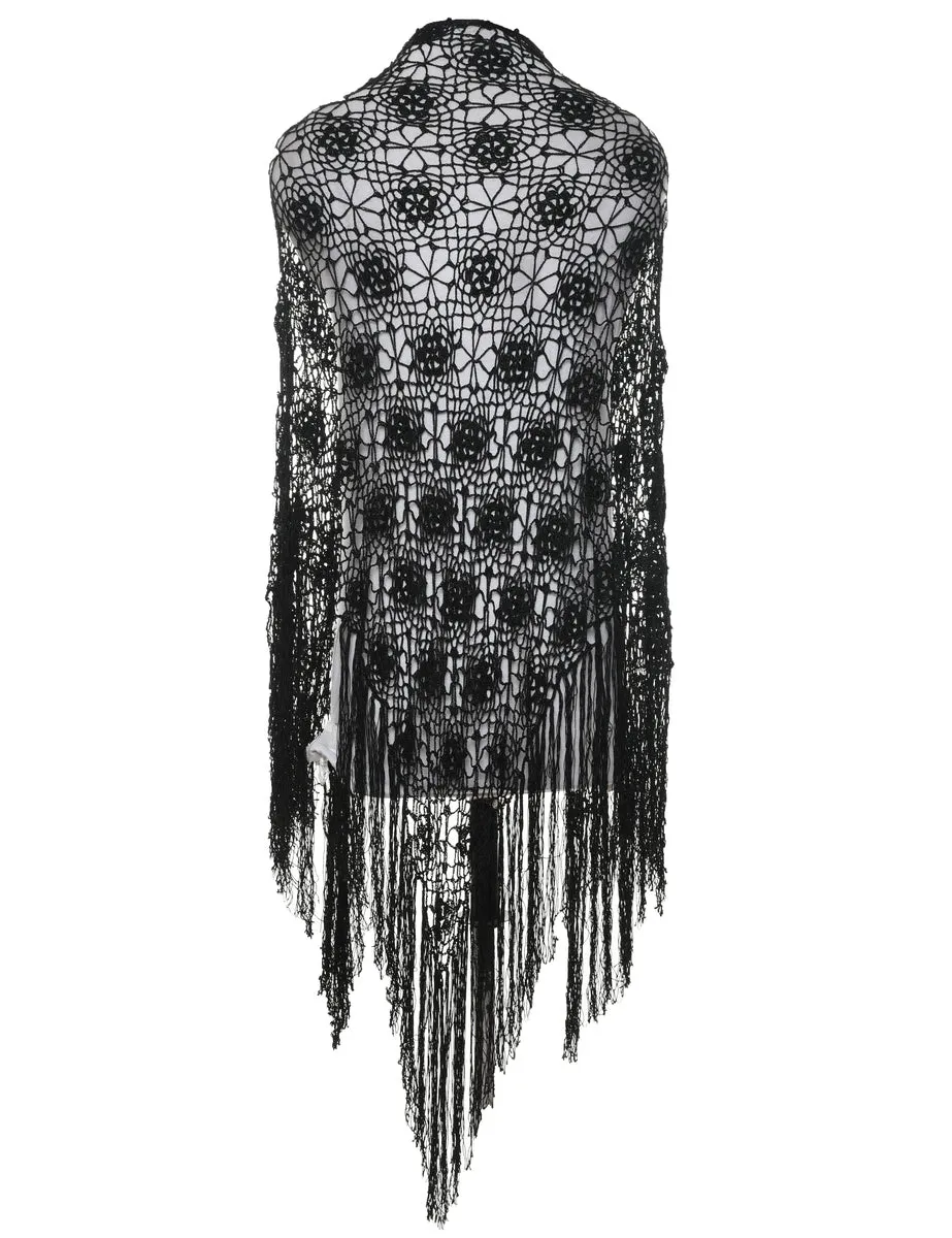 Black Crochet 1990s Fringed Cape - M