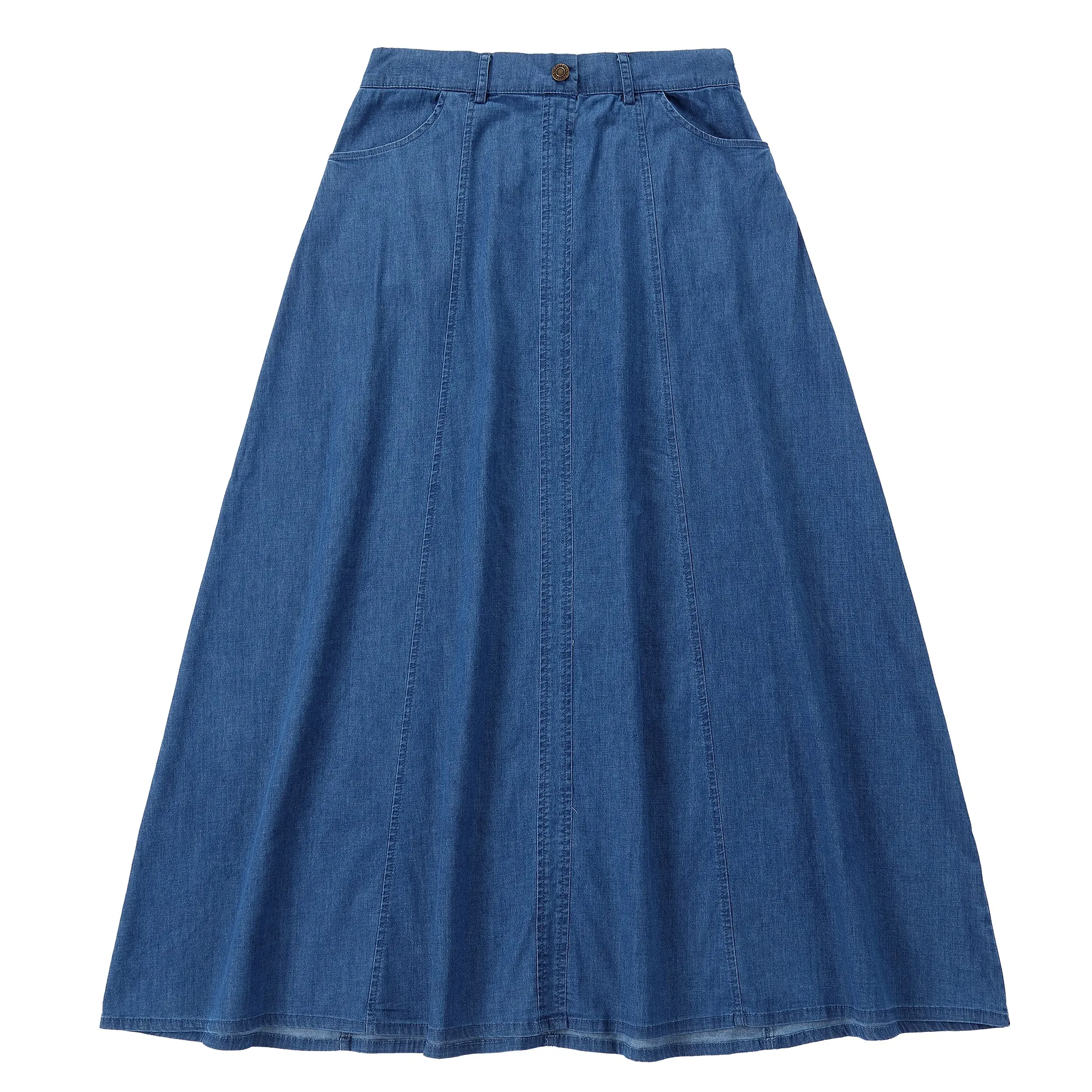 Blue Denim Maxi A-Line Paneled Skirt