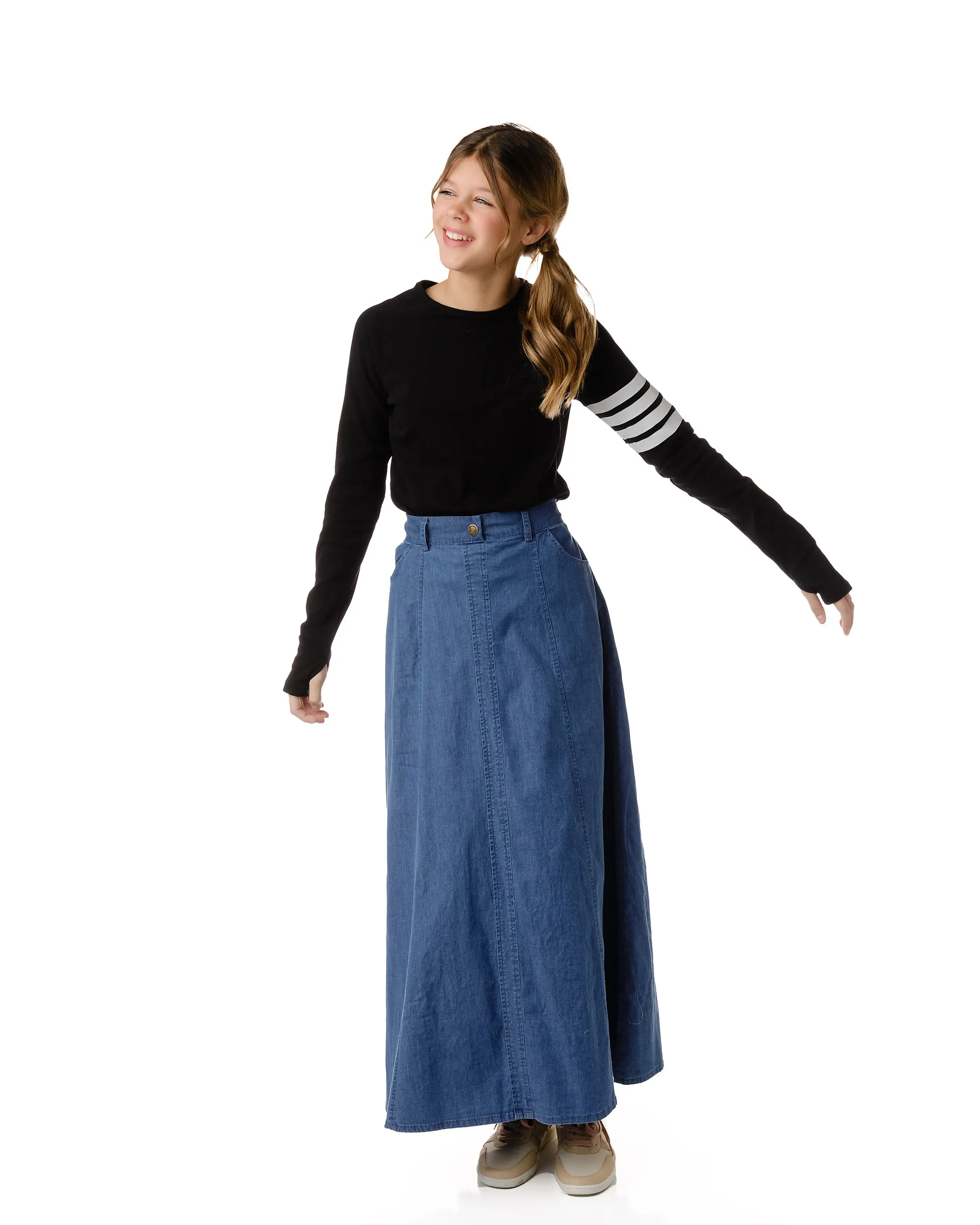 Blue Denim Maxi A-Line Paneled Skirt
