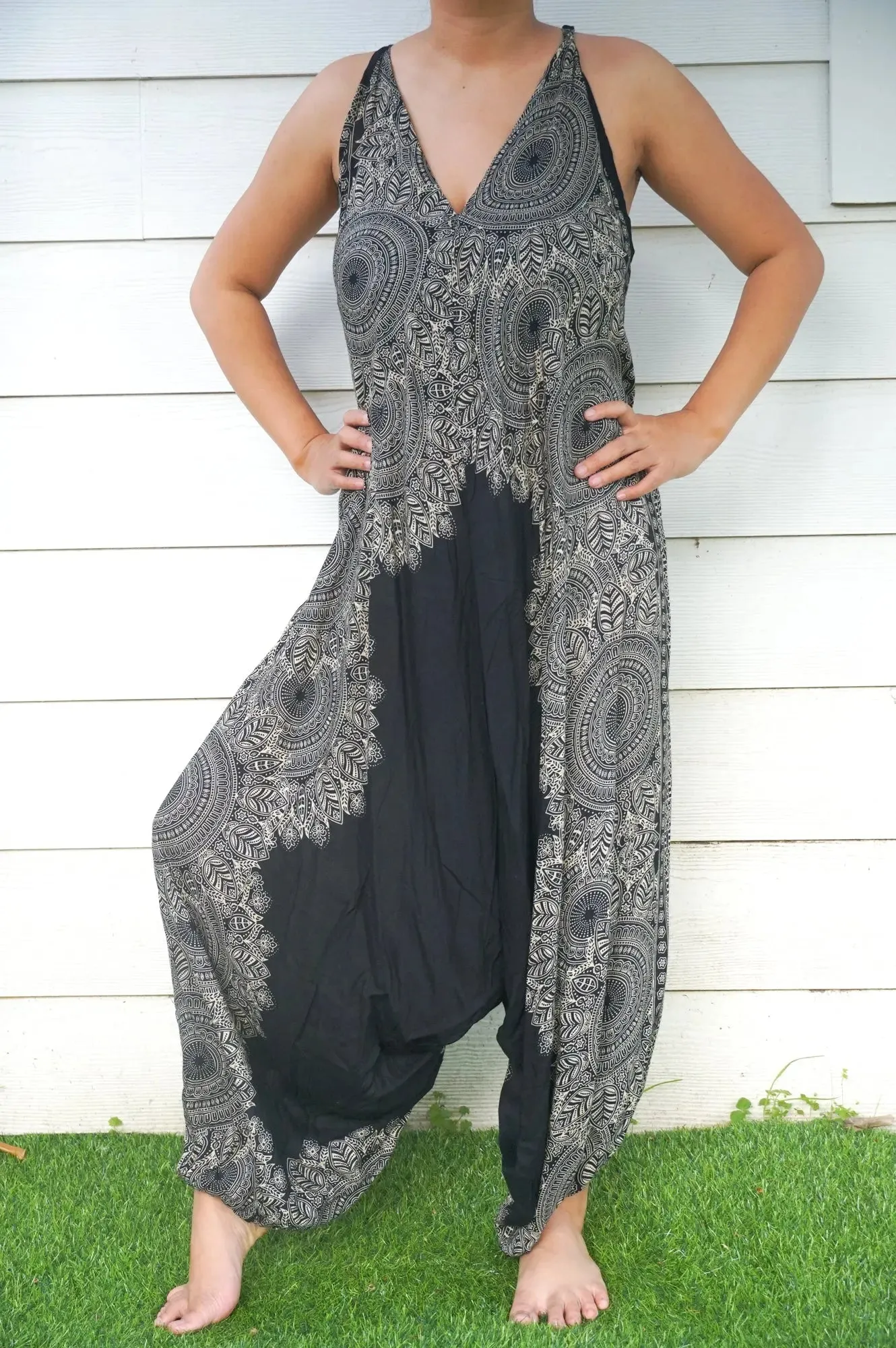 Bohemian Black Lotus Flowing Wide-Leg Romper Jumpsuit