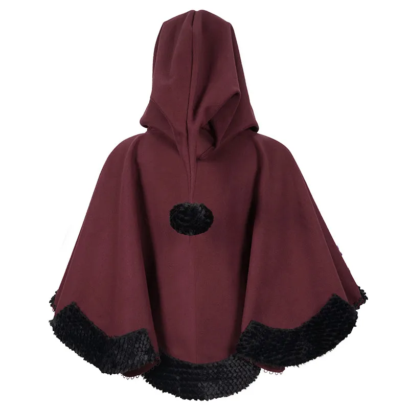 CA02802 wine double sided woolen contrast color shawl with fur