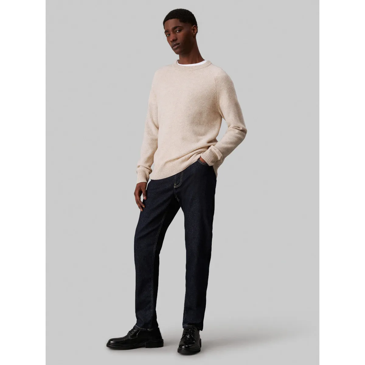 Calvin Klein Luxury Wool Crew Neck Sweater ADL Stony Beige Heather