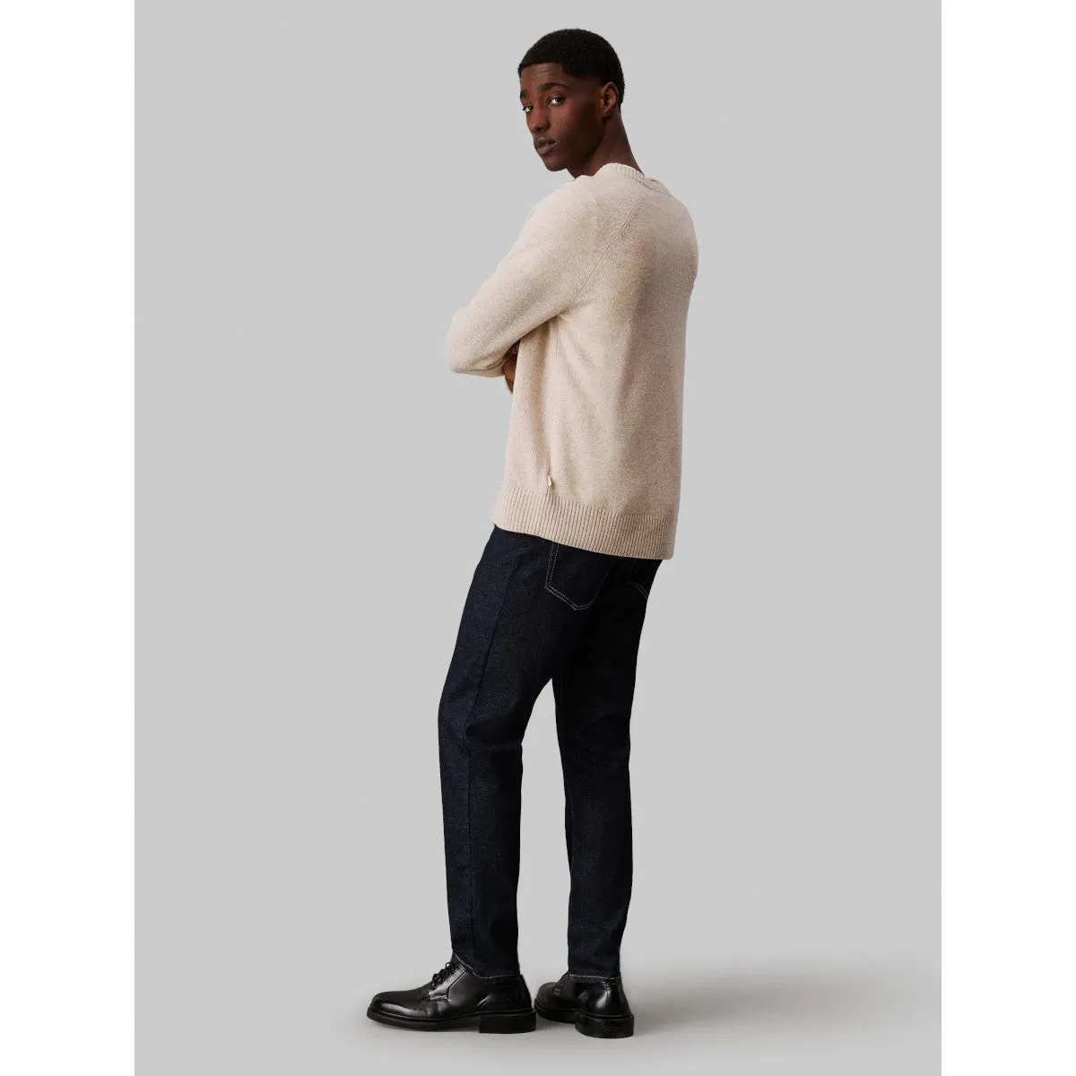 Calvin Klein Luxury Wool Crew Neck Sweater ADL Stony Beige Heather
