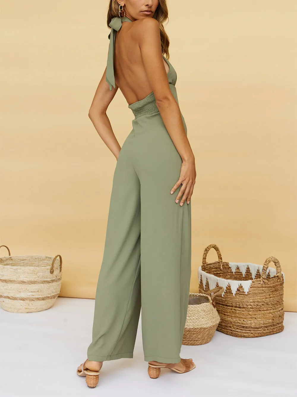 Camel Crossover Halter Strap Sexy Backless Tie Party Jumpsuit