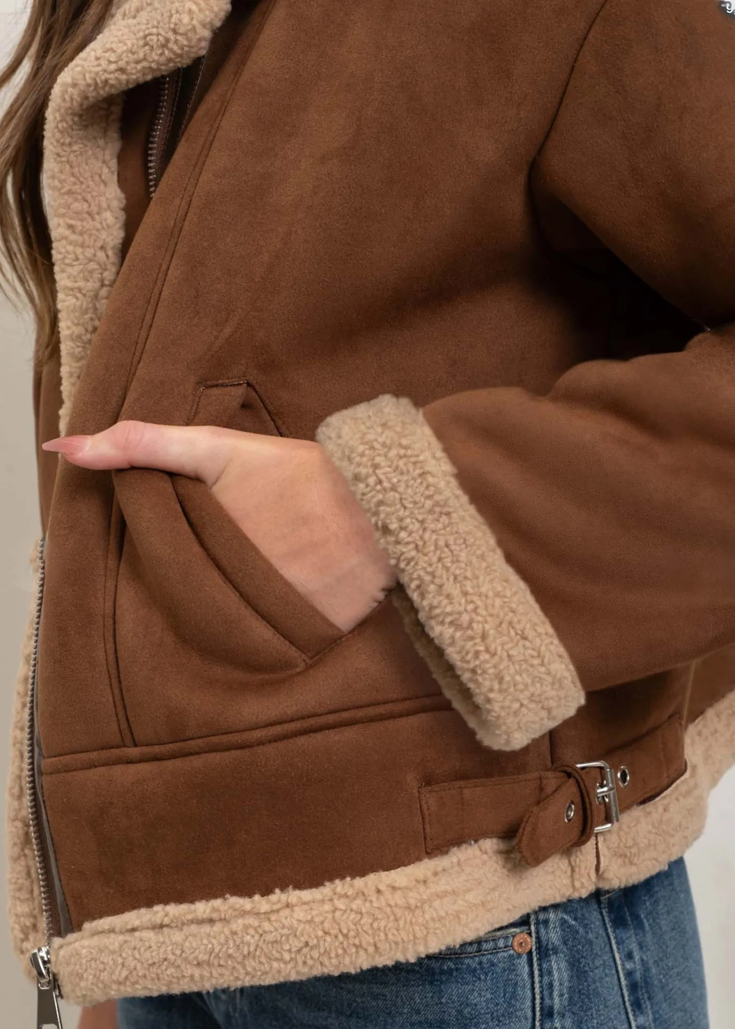 Capri, Womens, Bomber Jacket, Shearling Trim, Brown