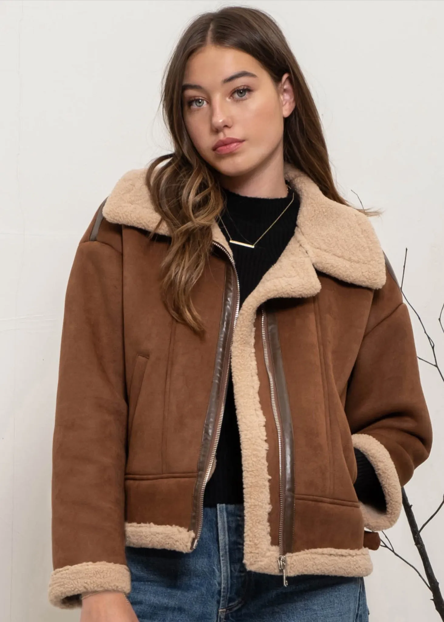 Capri, Womens, Bomber Jacket, Shearling Trim, Brown