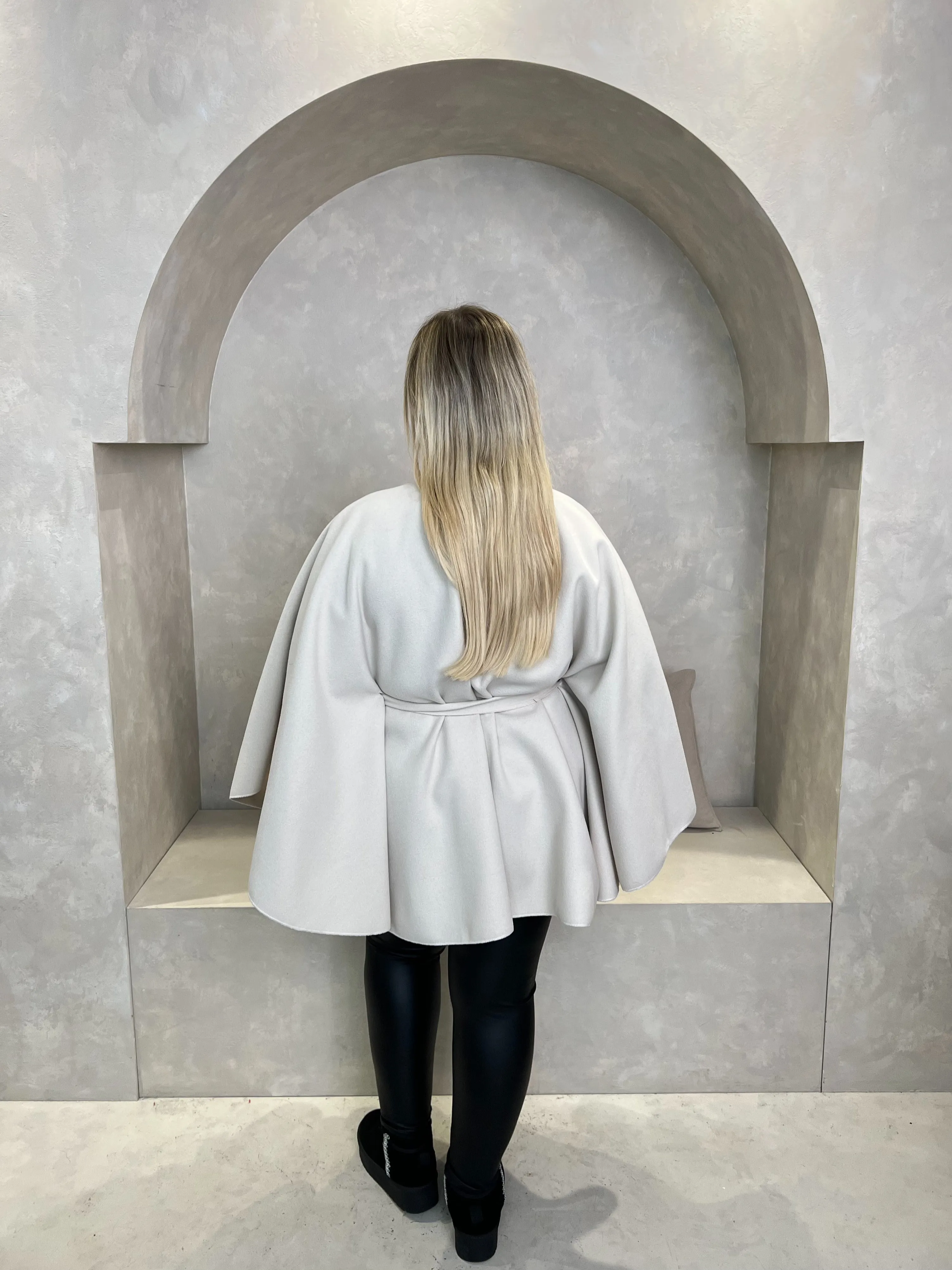Curve Beige Tie Belt Cape With Stand Up Collar