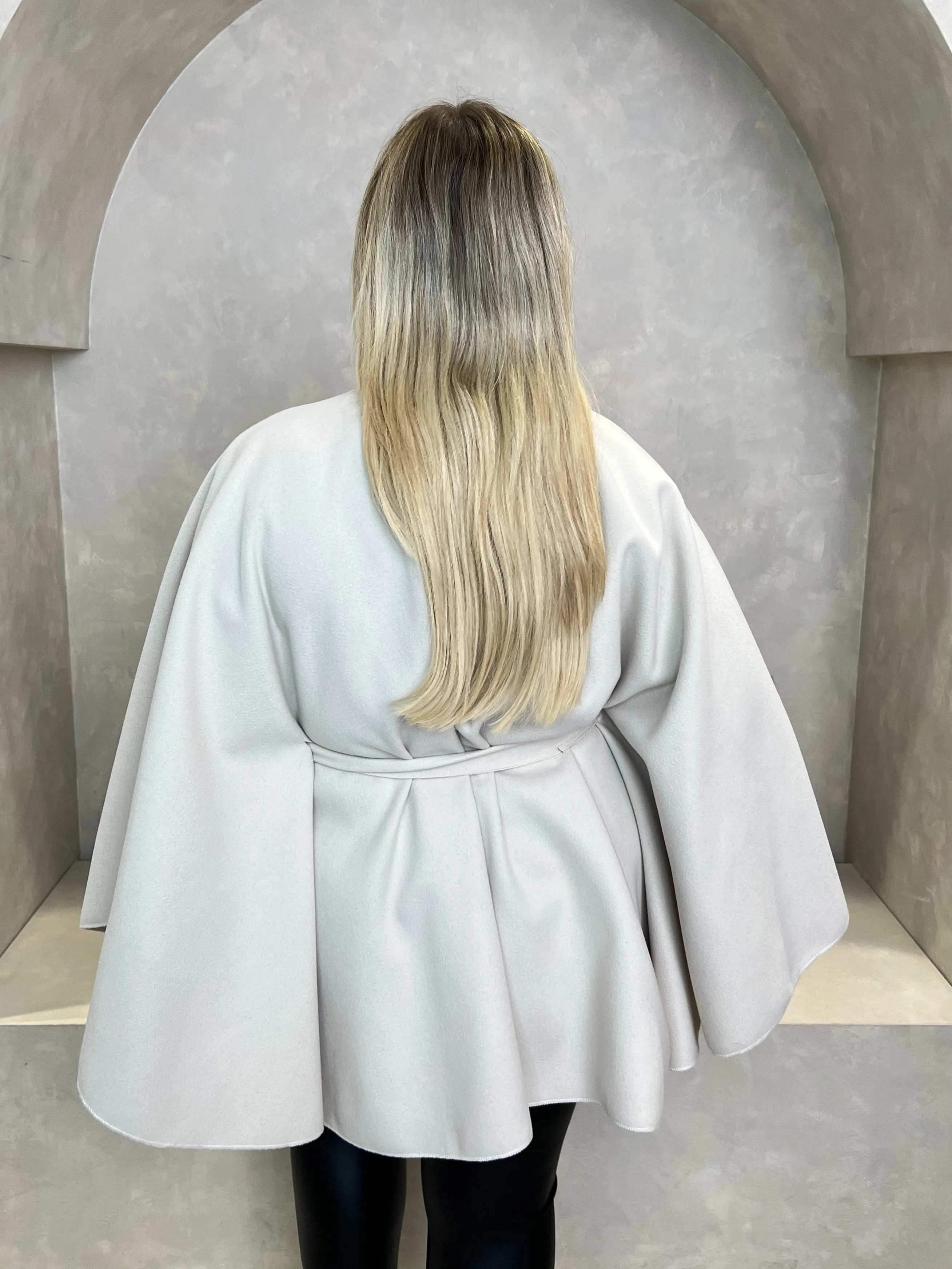 Curve Beige Tie Belt Cape With Stand Up Collar