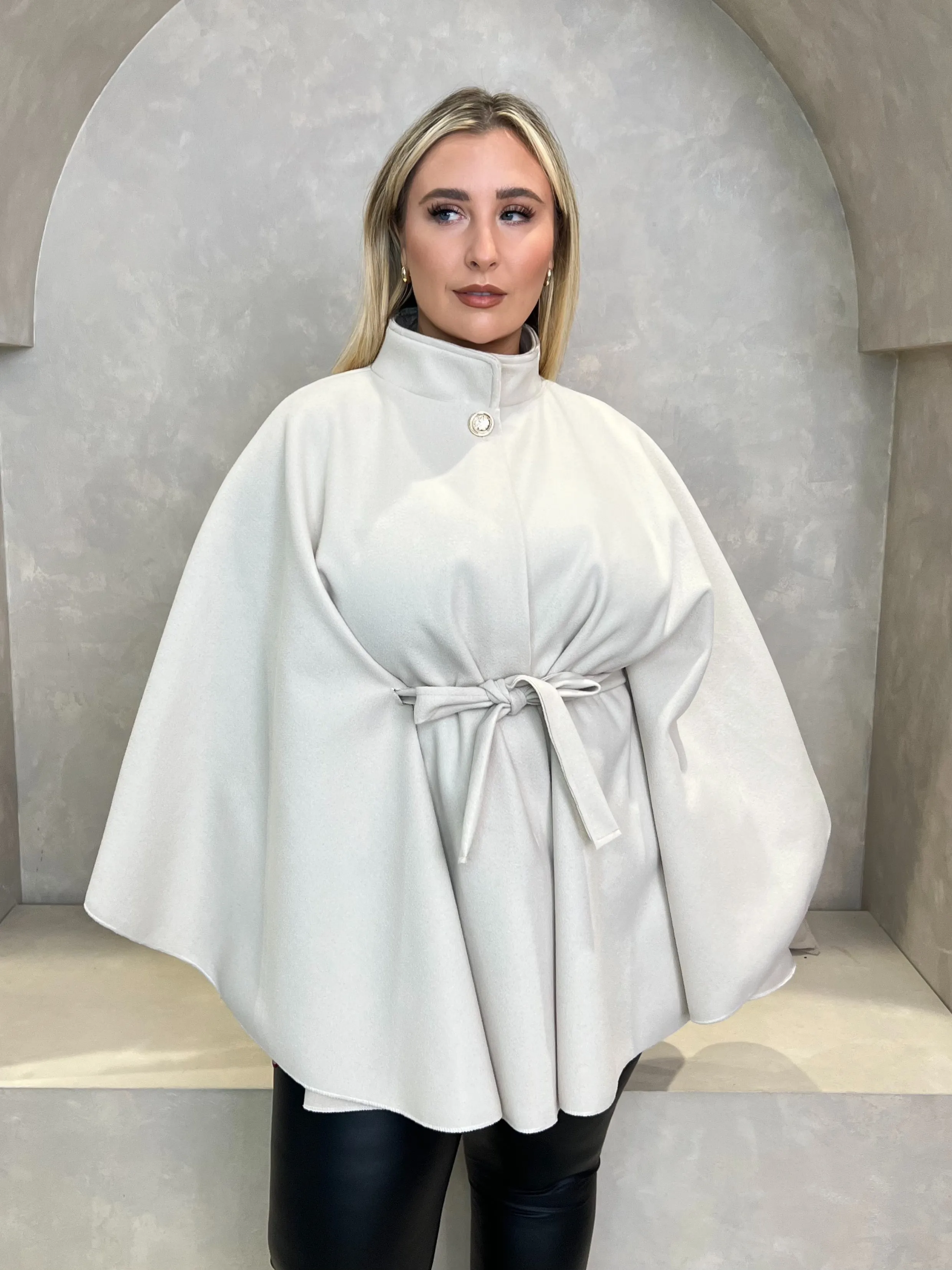 Curve Beige Tie Belt Cape With Stand Up Collar