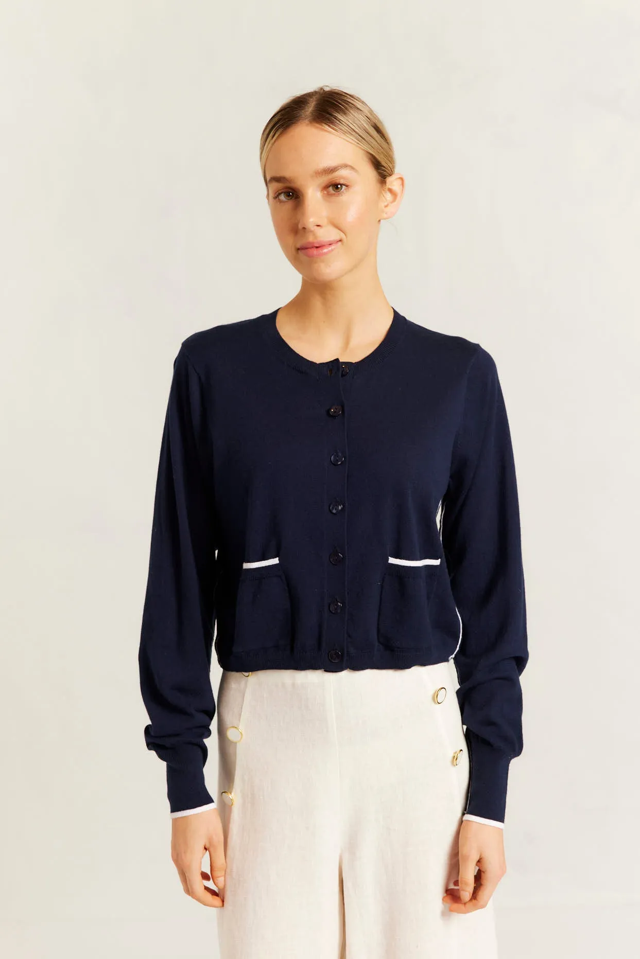 Drew Cotton Knit Cardi in Navy