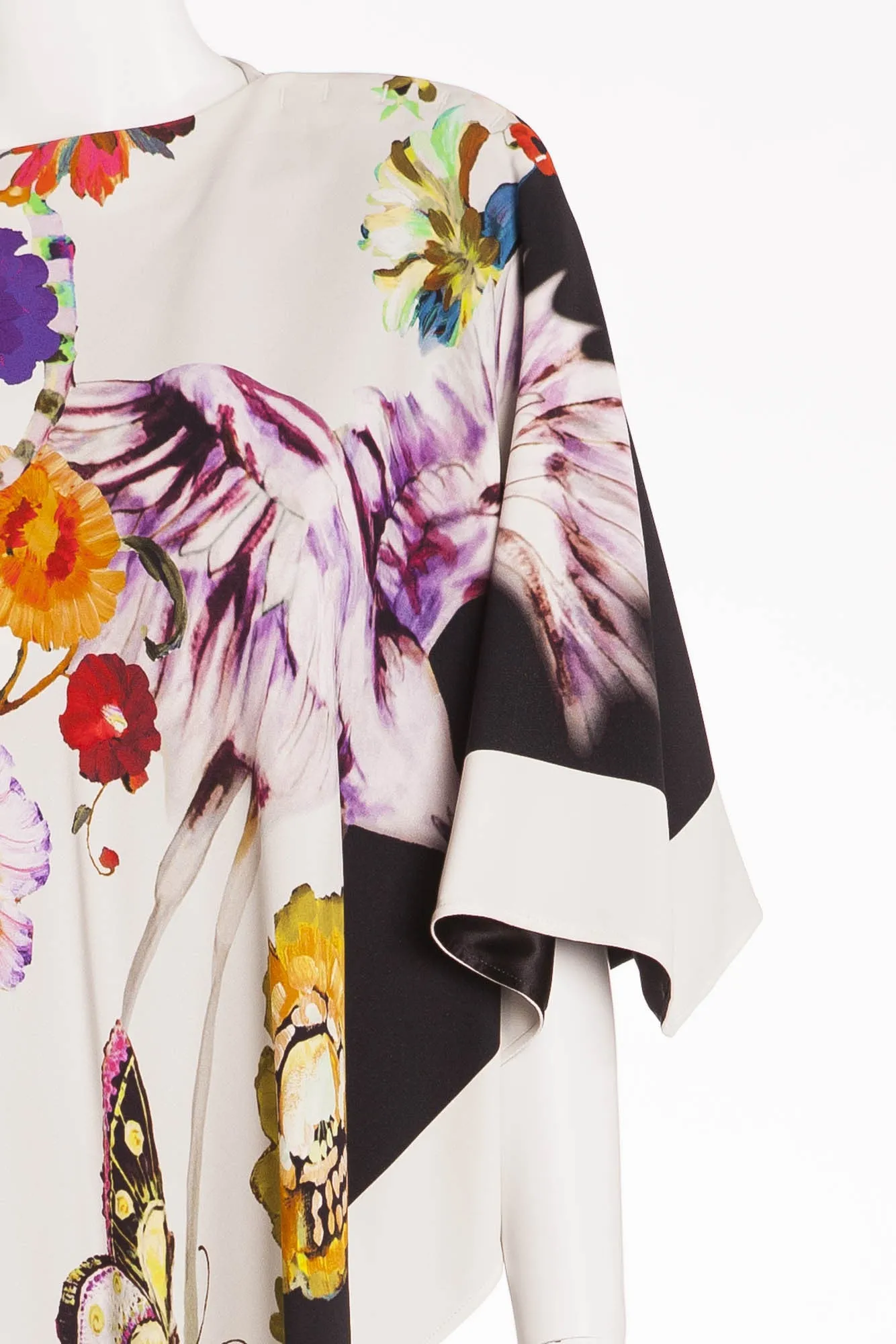 Etro - White, Black and Floral Asymmetrical Printed Stretch Crepe Cape Style Top - IT 42