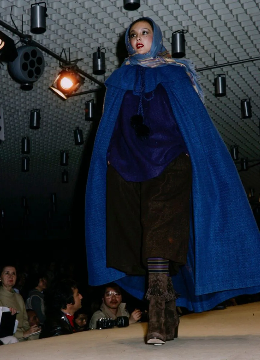 Fall 1977 Yves Saint Laurent Black Wool & Mohair Cape w Dramatic Collar