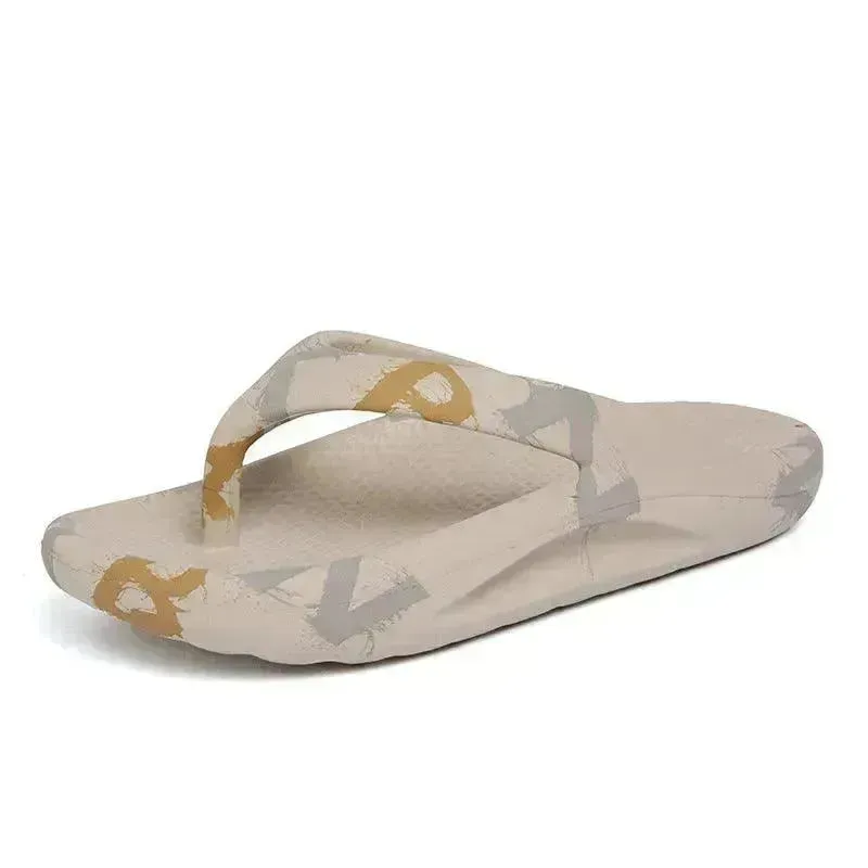Flip-flops Men Wear Sandy Beach Platform Outside And Step On Shit