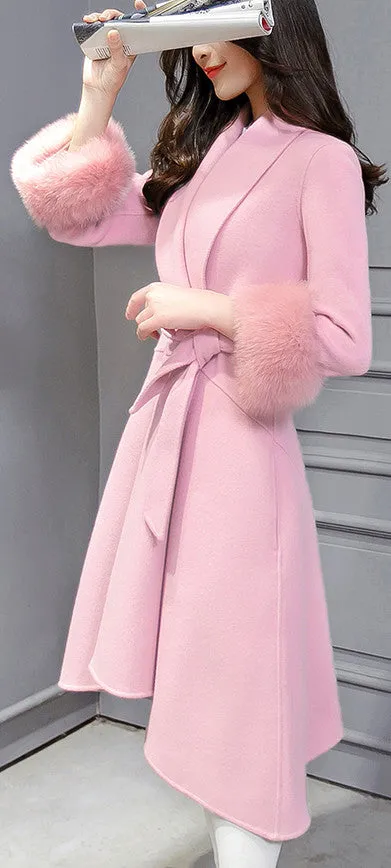Fox Wool Sleeve Edge Turn-down Collar Long Coat With Belt on