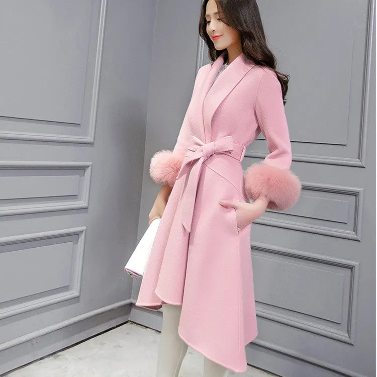 Fox Wool Sleeve Edge Turn-down Collar Long Coat With Belt on