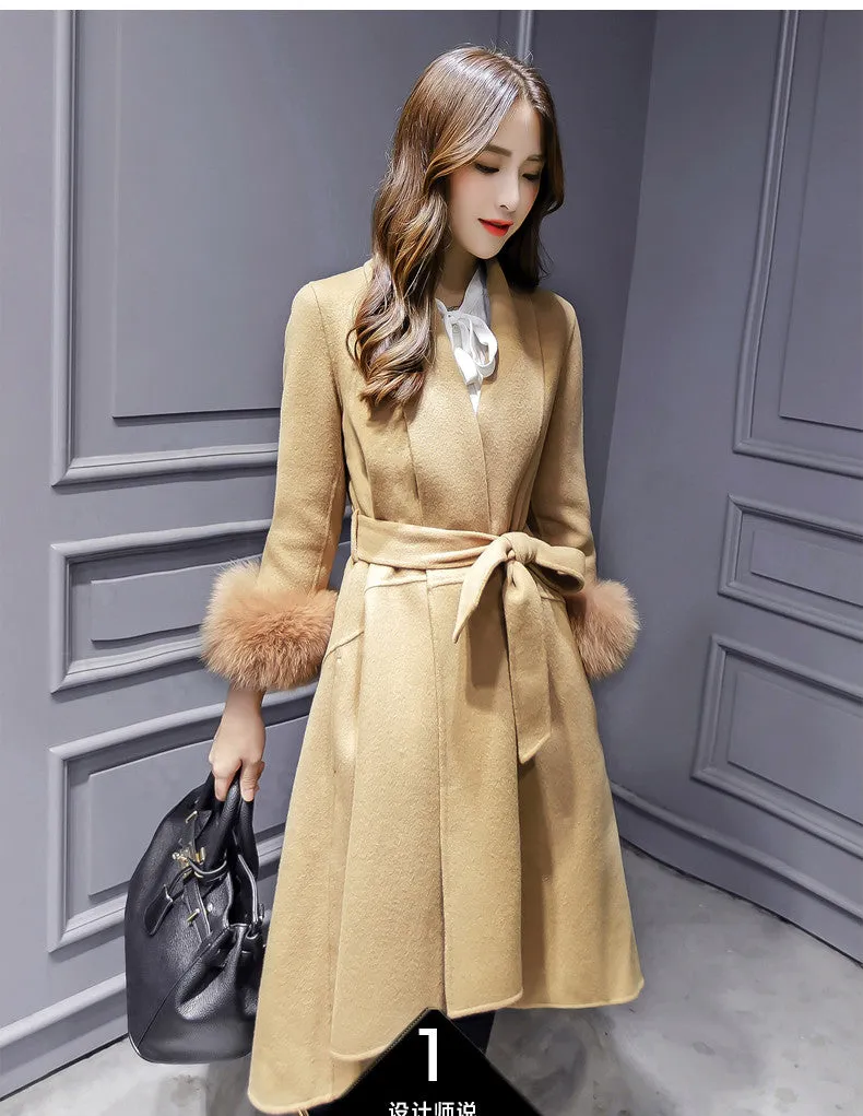 Fox Wool Sleeve Edge Turn-down Collar Long Coat With Belt on
