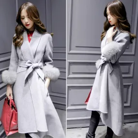 Fox Wool Sleeve Edge Turn-down Collar Long Coat With Belt on
