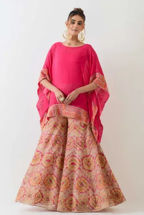 Fuchsia Muqaish Poncho & Cross Stitch Sharara Set